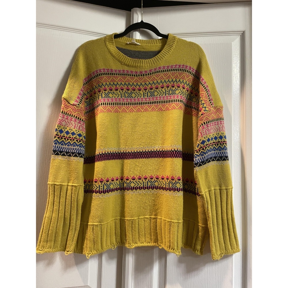 Easel Sweater Womens Medium Yellow Fair Isle Bell Sleeve Oversized Knit Pullover